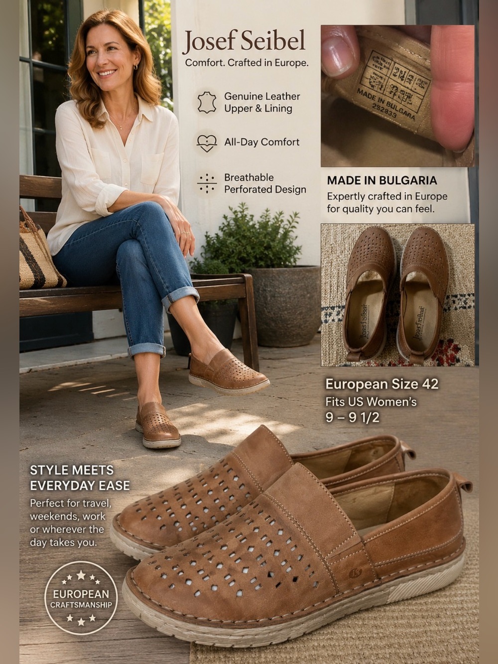 Josef Seibel Cognac Perforated Leather Slip-Ons EUR 42 or US 9